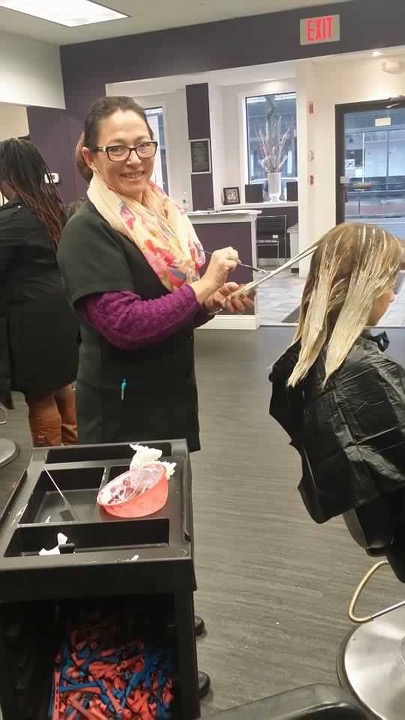 Marlenis Scott educator with Lowell Hair Academy using colour wand balayage hair painting tools